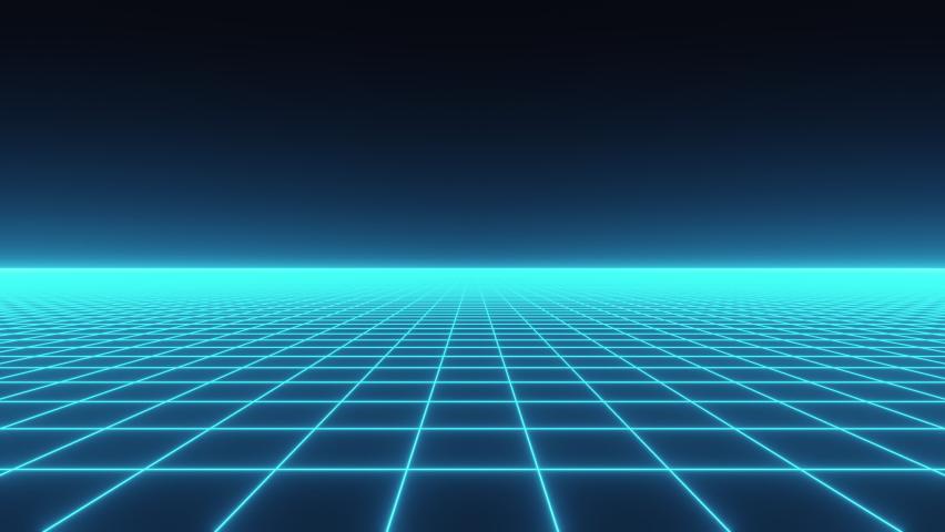 Flying over a 80s retrowave style blue neon grid (electrified field). Retro futuristic animation element. Royalty-Free Stock Footage #1080526817