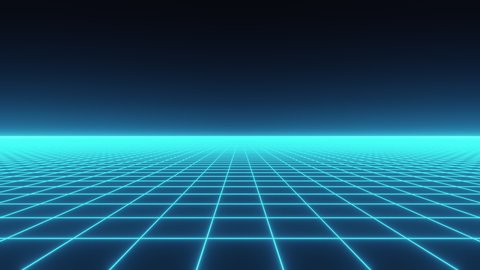 Flying over a 80s retrowave style blue neon grid (electrified field). Retro futuristic animation element.