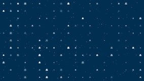 Template animation of evenly spaced santa claus hat symbols of different sizes and opacity. Animation of transparency and size. Seamless looped 4k animation on dark blue background with stars