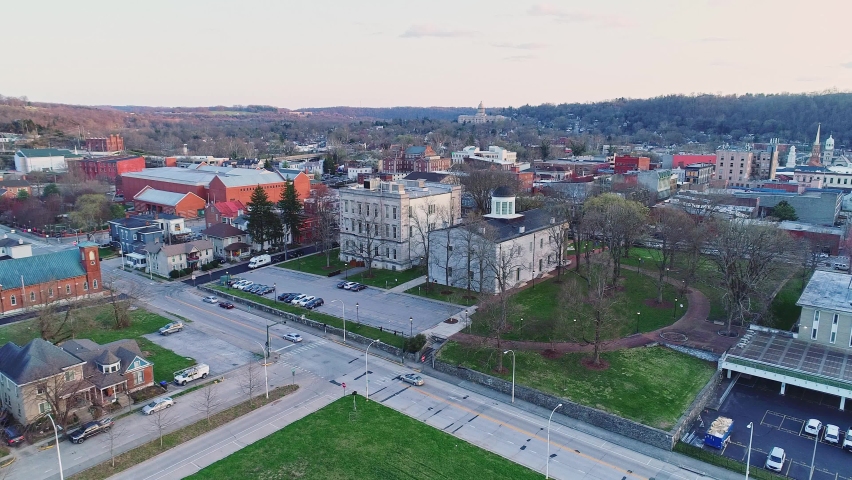 Peaceful City View with Cars Moving at the Back of Old State Capitol Building in Kentucky, Aerial Shot
