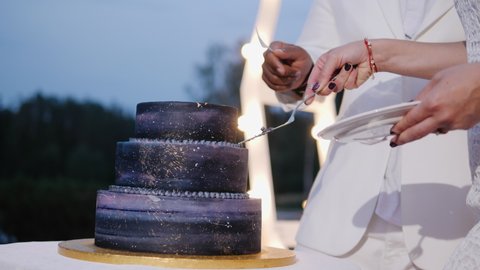 Cutting and folding plates on the wedding cake. Couple take a piece of cake. Purple cake. Space cake