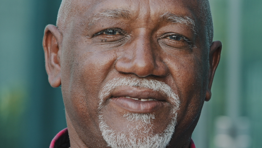 Portrait of happy old 80s African American man looking at camera, smiling, posing outdoors. Head shot of mature senior pensioner, retiree, grandfather, satisfied older customer. Elderly age concept Royalty-Free Stock Footage #1080533795