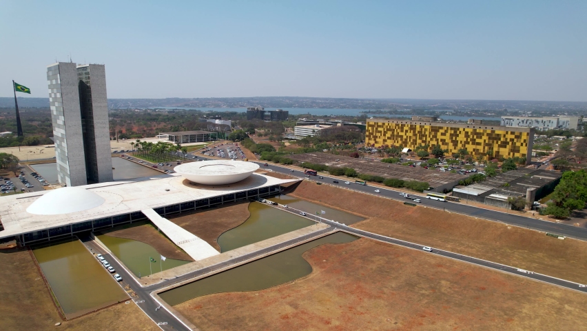 National Congress at Brasilia Brazil. Downtown city government skyscrapers of National Congress at Brasília Brazil. Aerial view of cityscape of Brasília Brazil. Downtown city of Brasília Brazil.