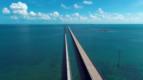 7 Miles Bridge at Key West, Florida, USA. Aerial landscape of famous bridge at way to Key West, state of Florida, United States. Famous long bridge. 7 Miles Bridge at Key West Florida.