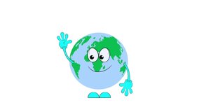 A cartoon globe waves its hand. Greetings from the globe. Animation on a white background.
