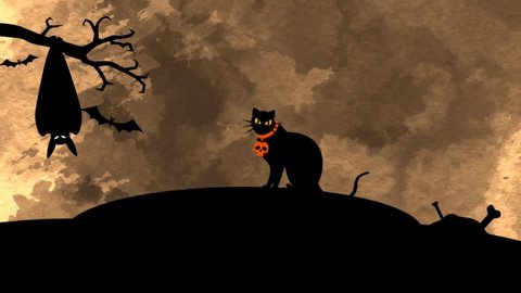 Halloween animation with scary night concept, bats, tree animation, hands coming out of the ground and scary cat. Halloween Animation