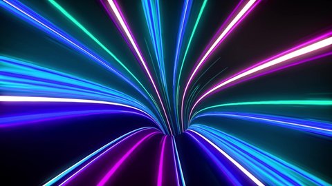 Colorful multicolored straight lines on a dark background. Abstract animation of neon, lasers and lines. Flying through data tunnel. Seamless loop, 3d animation in 4K