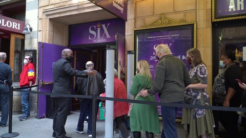 New York, NY  United States - October 9, 2021: SIX on Broadway matinee audience enters the Brooks Atkinson Theatre.