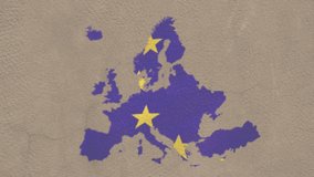 Animation of european union flag stars and map of europe with green recycling symbol. europe, recycling, sustainability and european community concept digitally generated video.