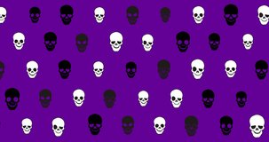 Animation of dia de los muertos over skulls on purple background with flowers. latin day of the dead holiday, traditions and customs digitally generated video.