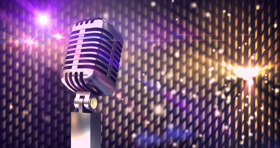 Composition of retro microphone over glowing spots of light. vintage music, entertainment and party concept digitally generated video., a Technology Video by vectorfusionart