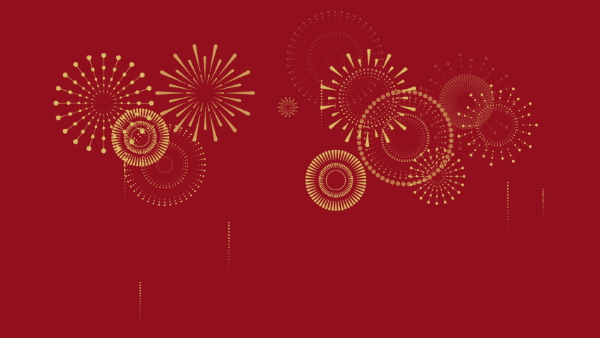 Chinese New Year background with golden fireworks on red background. Flat style design. Concept for holiday banner, Chinese New Year Celebration loop background decoration.