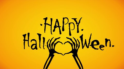 Text Happy Halloween and Hand skeleton showing heart symbol. 4K cartoon animation on a orange background