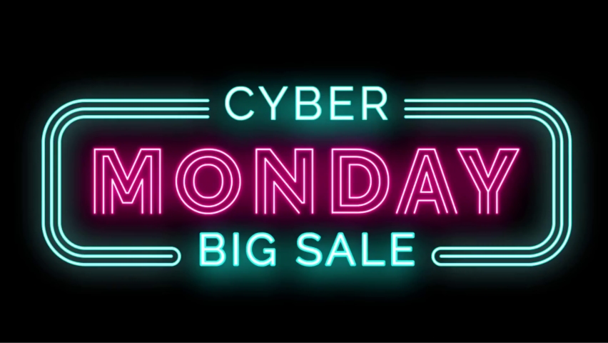 Cyber Monday big sale, flashing neon sign retail sale ad animation, online shopping sign with black background Royalty-Free Stock Footage #1080554195