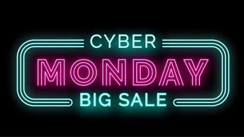 Cyber Monday big sale, flashing neon sign retail sale ad animation, online shopping sign with black background