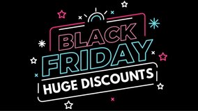 Black Friday flashing neon sign, retail sale, online shopping video ad, store shop discounts animation
