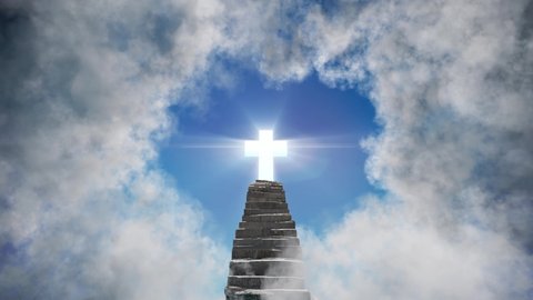 Stairway leading through clouds to heaven and crucifix. Religion, christianity and life after death concept.