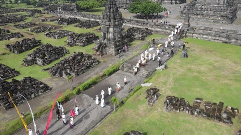 Aerial view of Indonesian hinduism people pray in Prambanan temple in Yogyakarta, Indonesia.