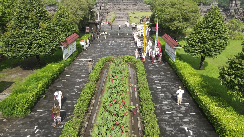 Aerial view of Indonesian hinduism people pray in Prambanan temple in Yogyakarta, Indonesia.