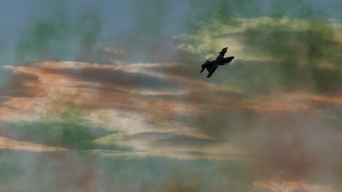 Rivolto Italy SEPTEMBER, 17, 2021 Aermacchi MB-339 PAN solo of Frecce Tricolori. Tracking close up view stunt jet plane perform a series of spinning roll stunts for spectators international air show