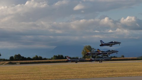 Rivolto del Friuli Udine Italy SEPTEMBER, 17, 2021 Aermacchi MB-339 a PAN of Frecce Tricolori. Revealing view group of five italian jets on runway taking off to perform in cloudy sky