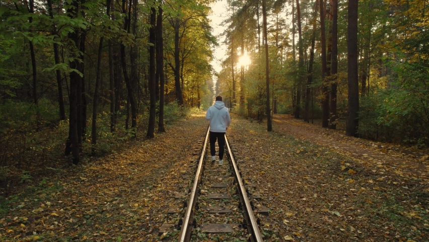 A man traveler walks through the fall woods in forest narrow gauge railway, autumn landscape, yellow leaves, road in the forest, hiking in the autumn park, man tracking, aerial footage panorama