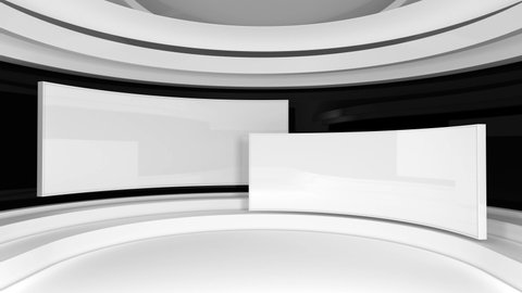 Tv studio. News room. Studio Background. White studio. Newsroom bakground. Loop. 3D rendering.