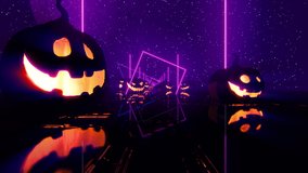 Halloween Background Glowing Pumpkins Loop.3D rendering. Halloween pumpkins with neon light and reflection ground on dark background seamless loop. - Powered by Shutterstock - Get 15% off with code: PIKWIZARD15