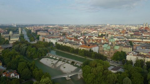 Cinematic Aerial Shot Reveals Downtown Munich. Beautiful Summer Day, River Isar