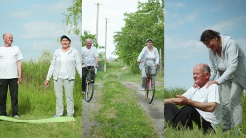elderly married couple leads an active lifestyle doing physical exercises, riding bicycles during outdoor recreation, collage