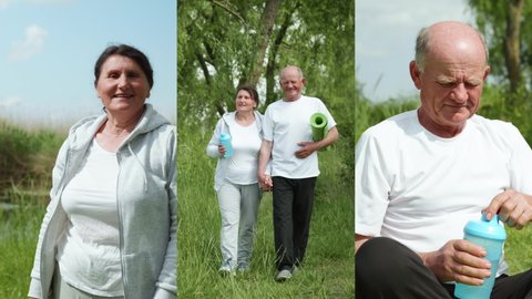 elderly woman doing physical exercises, old married couple walking hand in park, grandfather drinking water from reusable thermos while relaxing outdoors