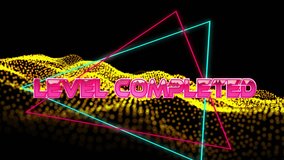 Animation of level completed text over geometrical moving shapes and wave. video game, entertainment and digital interface concept digitally generated video. - Powered by Shutterstock - Get 15% off with code: PIKWIZARD15