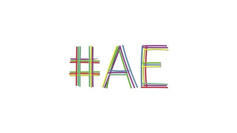 Hashtag #AE. Animated text from color curved lines like from a felt-tip pen, pensil. Isolated on white background, 4k video. Trendy popular Hashtag #AE for social network, mobile apps, games