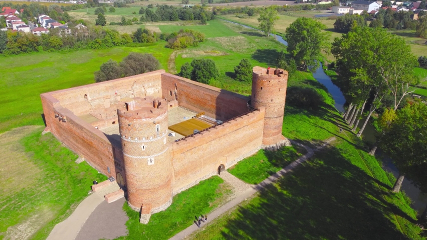 Aerial view on Medival brick castle of the Masovian Dukes in Ciechanow in Poland. Castle built in the fourteenth or fifteenth century by the Masovian Duke Siemowit III.