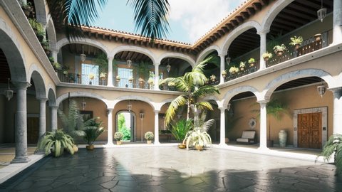 Courtyard of a luxurious mansion. Beautiful courtyard of the hotel. Empty hotel courtyard. 3d visualization 库存视频