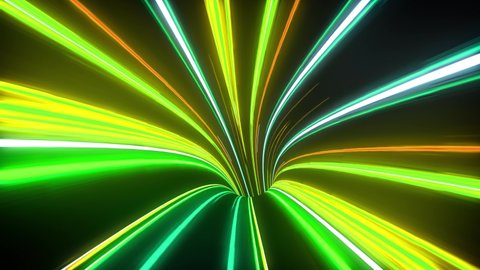 Colorful multicolored straight lines on a dark background. Abstract animation of neon, lasers and lines. Flying through data tunnel. Seamless loop, 3d animation in 4K
