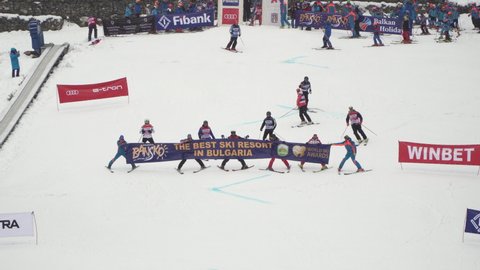 Bansko, Bulgaria - 14 Dec, 2020: Ski performance at opening of new ski season in Bansko, Bulgaria.
