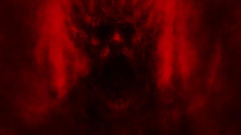 Scary monk's darkness. Between good and evil. Complete dark soul. Enlightenment and defilement. Spooky 2d animation. Horror fantasy devilish character. Creepy hell visions. Black and red background. 