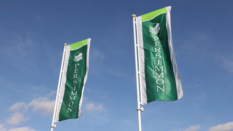 Bishop's Stortford, Hertfordshire. UK. October 11th 2021. Persimmon advertising flag banners at the Stortford Fields housing development.