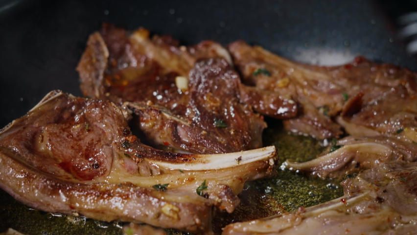 Close Up Tasty Lamb Meat Frying. Appetizing Meat Dish. Slow Motion | Shutterstock HD Video #1080588251