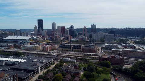 Pittsburgh skyline from north of downtown, aerial drone