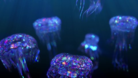 Diamond jellyfish floating upwards. Diamond collection of animals. 3d animation of a seamless loop