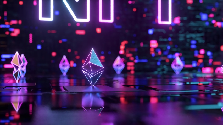 Blockchain digital data transmission room. NFT non fungible token neon concept with crypto currencies Ethereum. New way to buy digital assets, collectibles and crypto art. 3d render Royalty-Free Stock Footage #1080591338