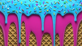 Blue and pink cream icing with colored confectionery sprinkles drips on waffle cookie. Viscous sweet liquid flowing down the surface in streams, melting drops forming streaks. 3D animation, Luma matte mask - Powered by Shutterstock - Get 15% off with code: PIKWIZARD15