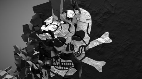 Pirate symbol Jolly Roger, a skull and crossbones graffiti on black rough wall that cracks, breaks and fall apart revealing a gray background. 3D animated intro, alpha channel as Luma matte mask included.