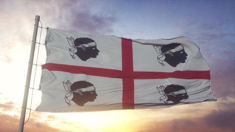 Sardinia flag, Italy, waving in the wind, sky and sun background