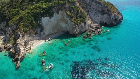 Aerial drone video of tropical paradise turquoise beach in mediterranean destination island