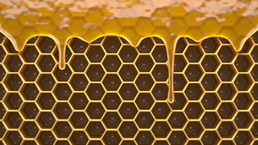 Sweet honey drips on honeycomb, wax cells built by bees. Viscous liquid flowing down the surface in streams, melting drops forming streaks. 3D animation, alpha channel as Luma matte mask included.