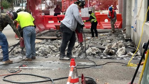 NYC, USA - OCT 6, 2021: jackhammer construction site Manhattan New York City with sound.