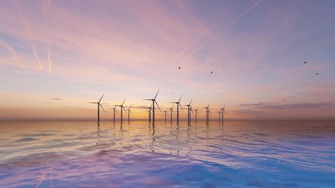 4k Ultra HD 3840x2160. Offshore wind turbines at sunset. Wind Farm, renewable energy concept. Realistic high quality 3d animation.